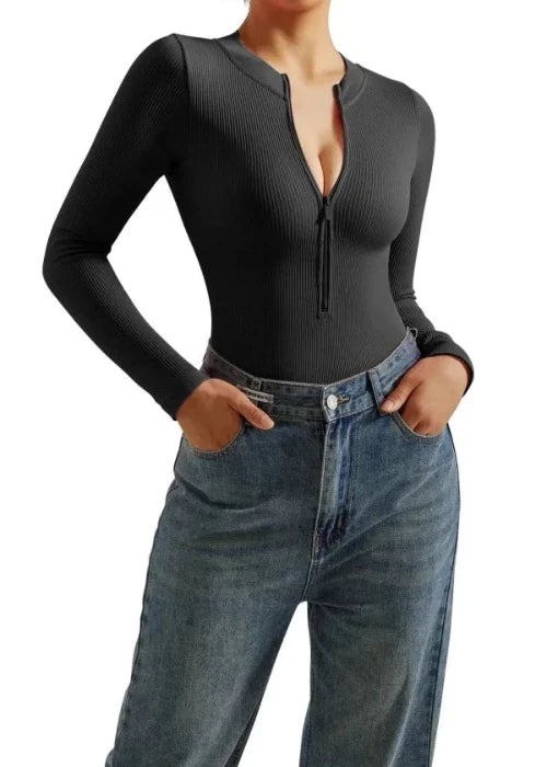 Half-Zip Knit Tummy Snatch Bodysuit