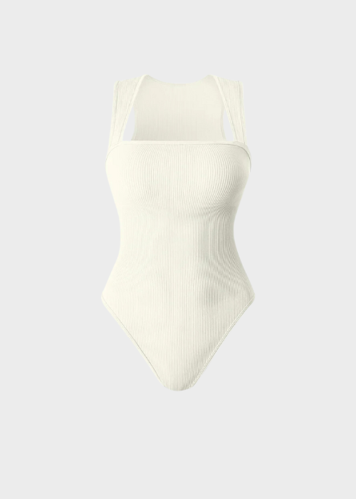 Ribbed  Wide Shoulder Sleeveless Bodysuit