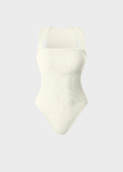 Ribbed  Wide Shoulder Sleeveless Bodysuit