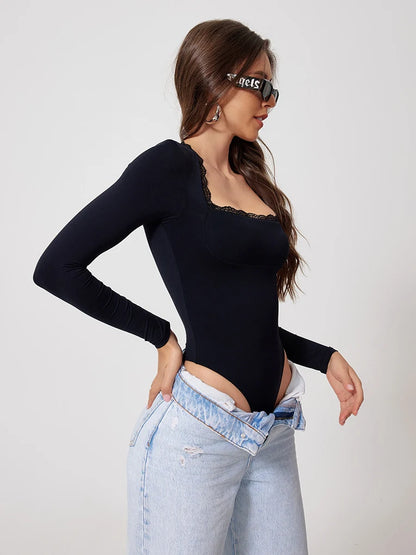 Square Lace Trim Bodysuit