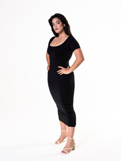 Bodycon Shapewear Midi Slit Dress with Short Sleeves