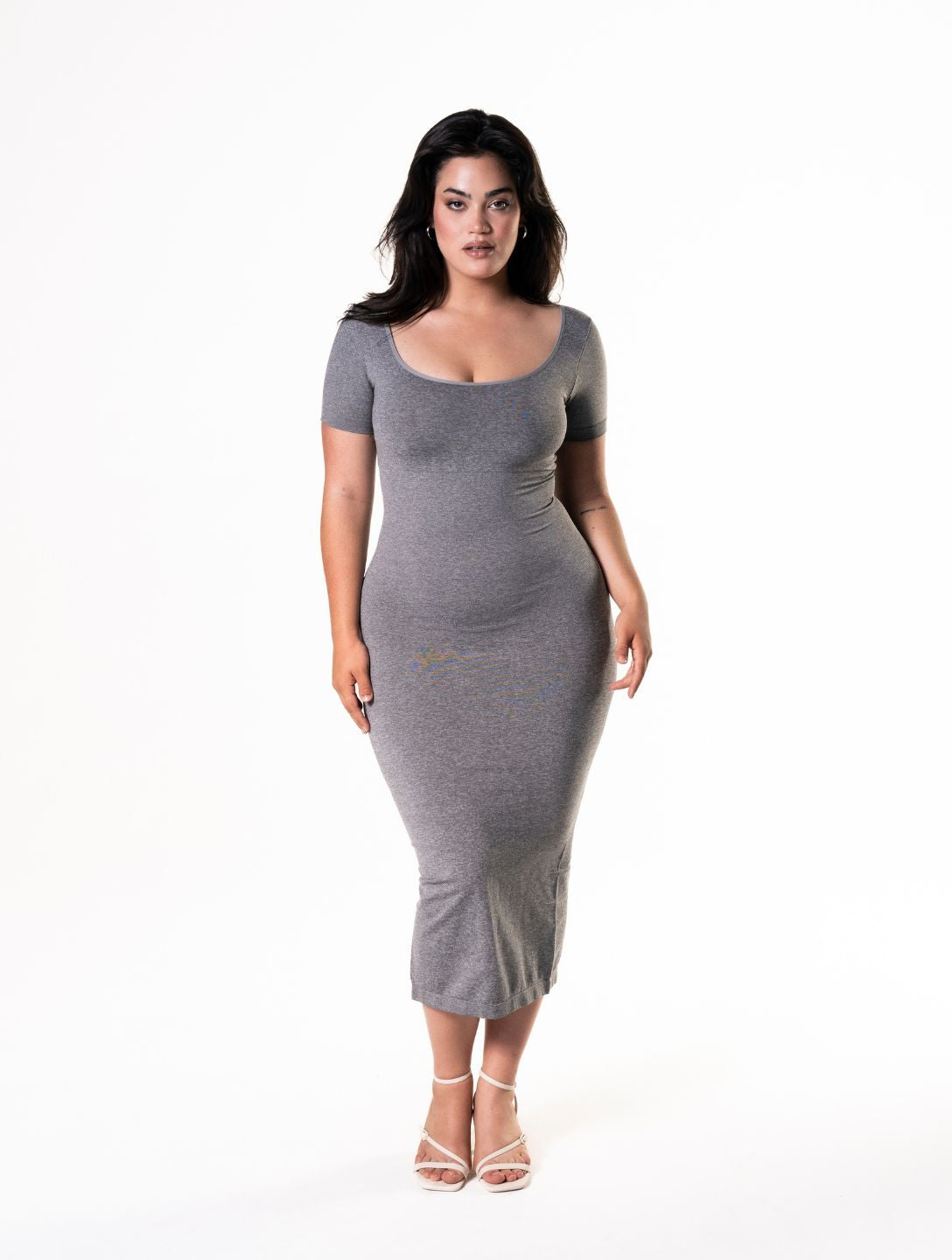 Bodycon Shapewear Midi Slit Dress with Short Sleeves