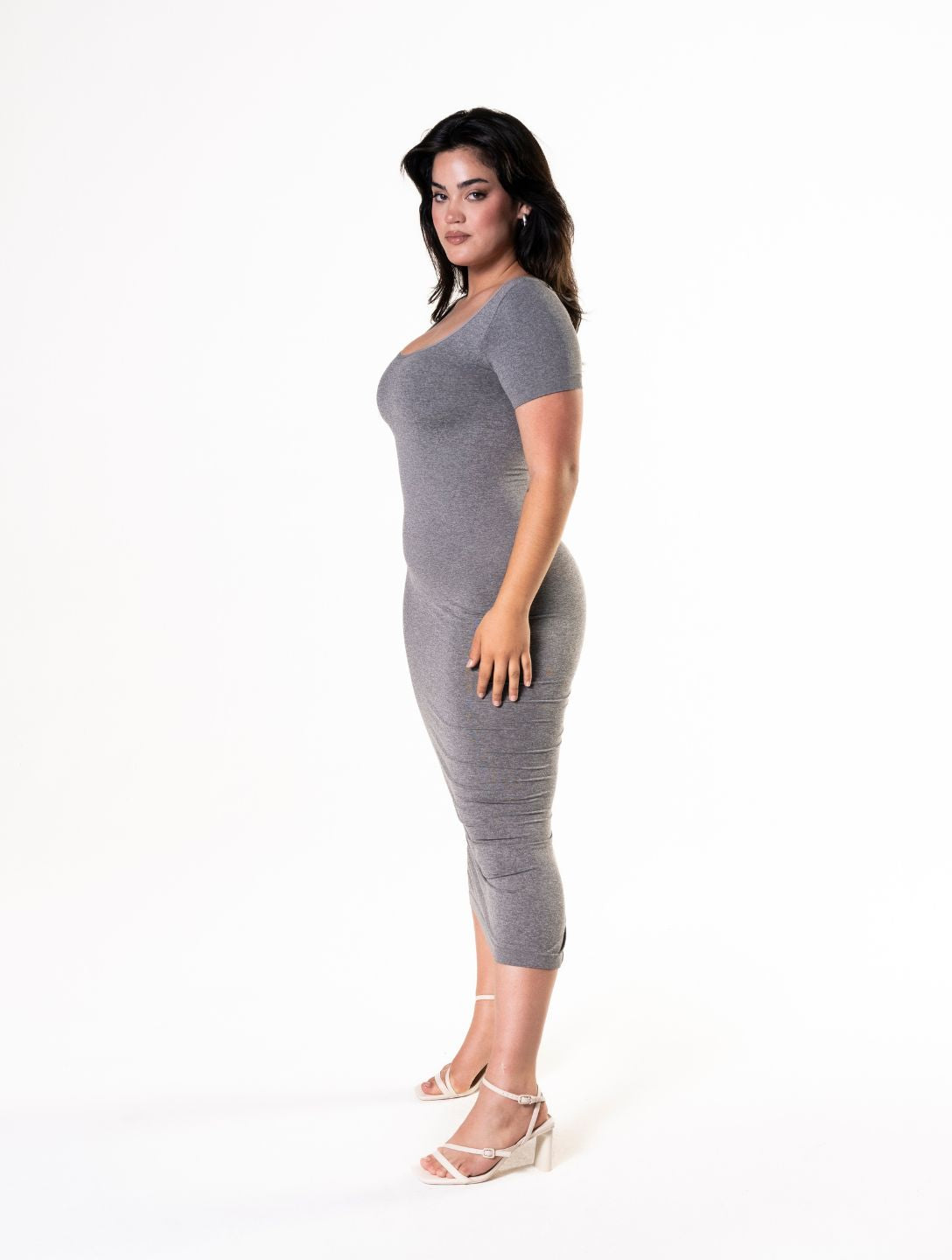 Bodycon Shapewear Midi Slit Dress with Short Sleeves