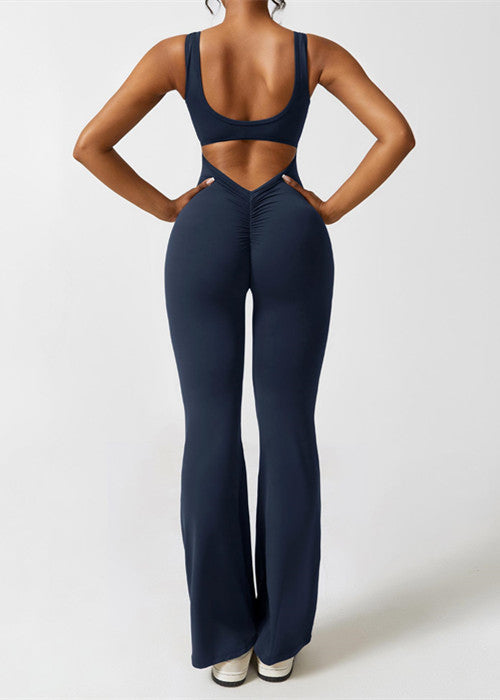 V-cut Backless Flare Jumpsuits